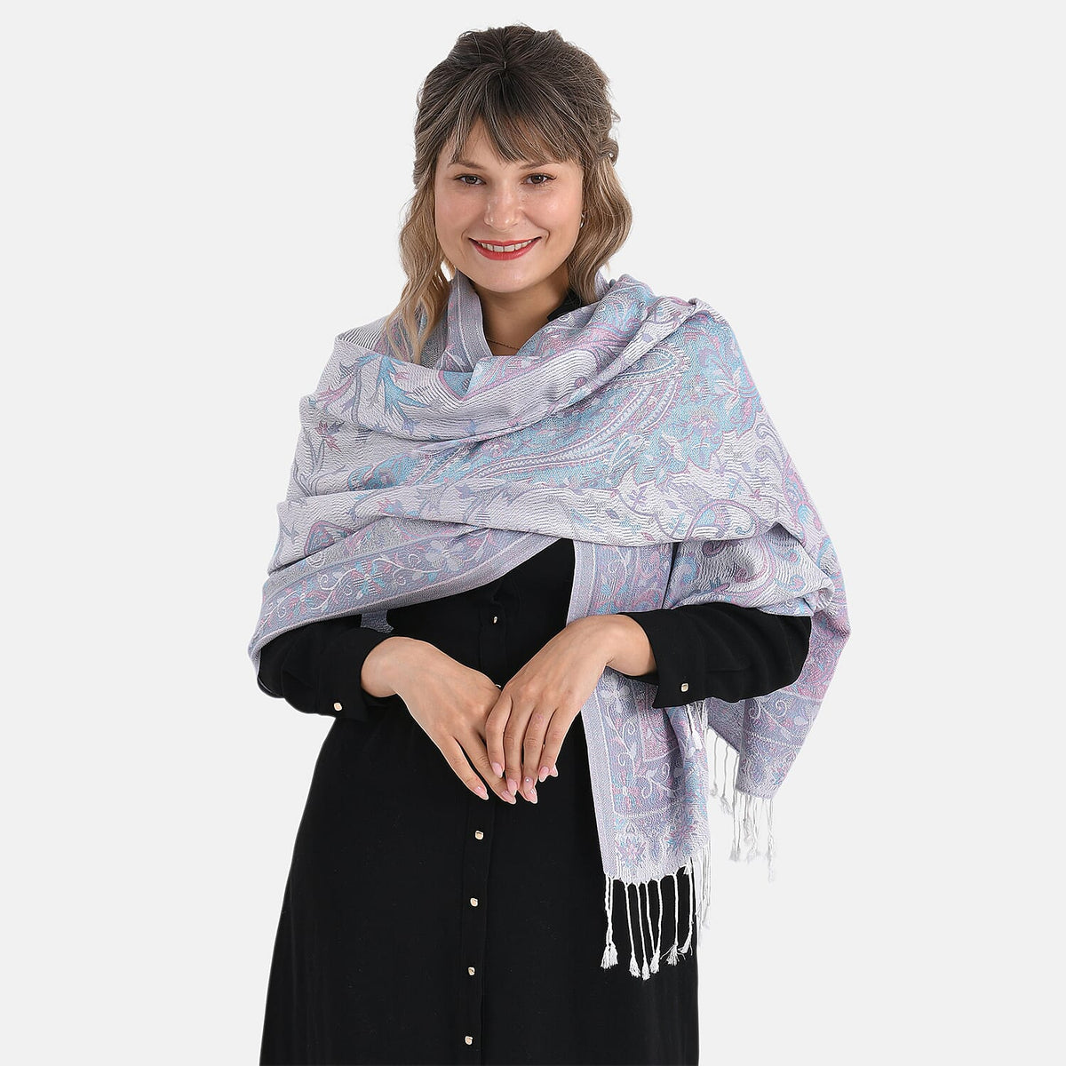 Paisley Print Scarf with Tassels (180x70cm) - White &amp; Grey 8165624 8