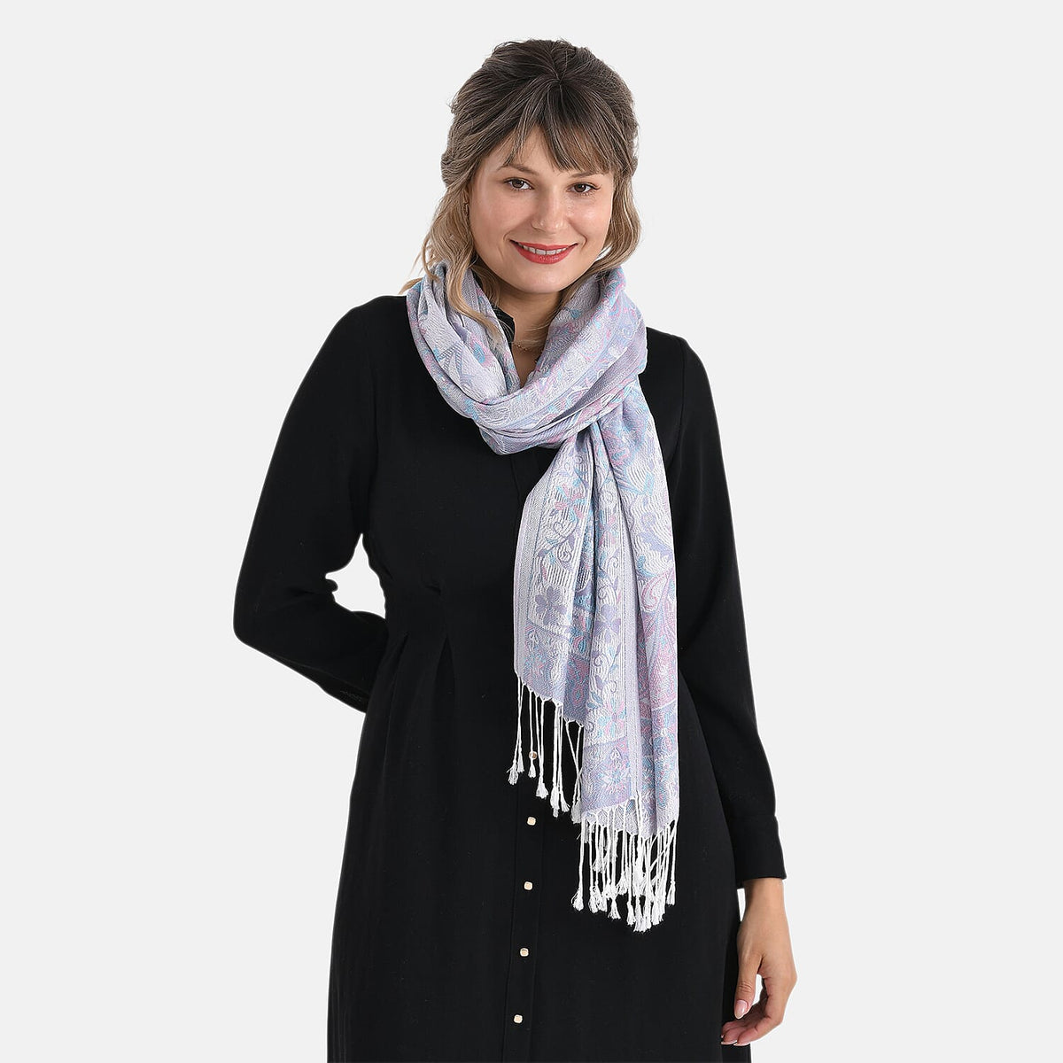 Paisley Print Scarf with Tassels (180x70cm) - White &amp; Grey 8165624 9