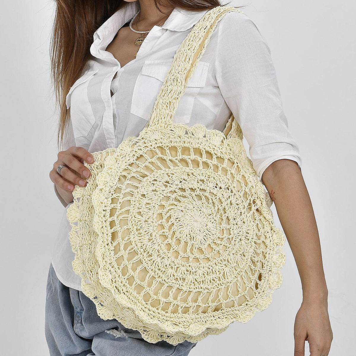 Straw Handknotted Round Tote Bag - White 7283020 2