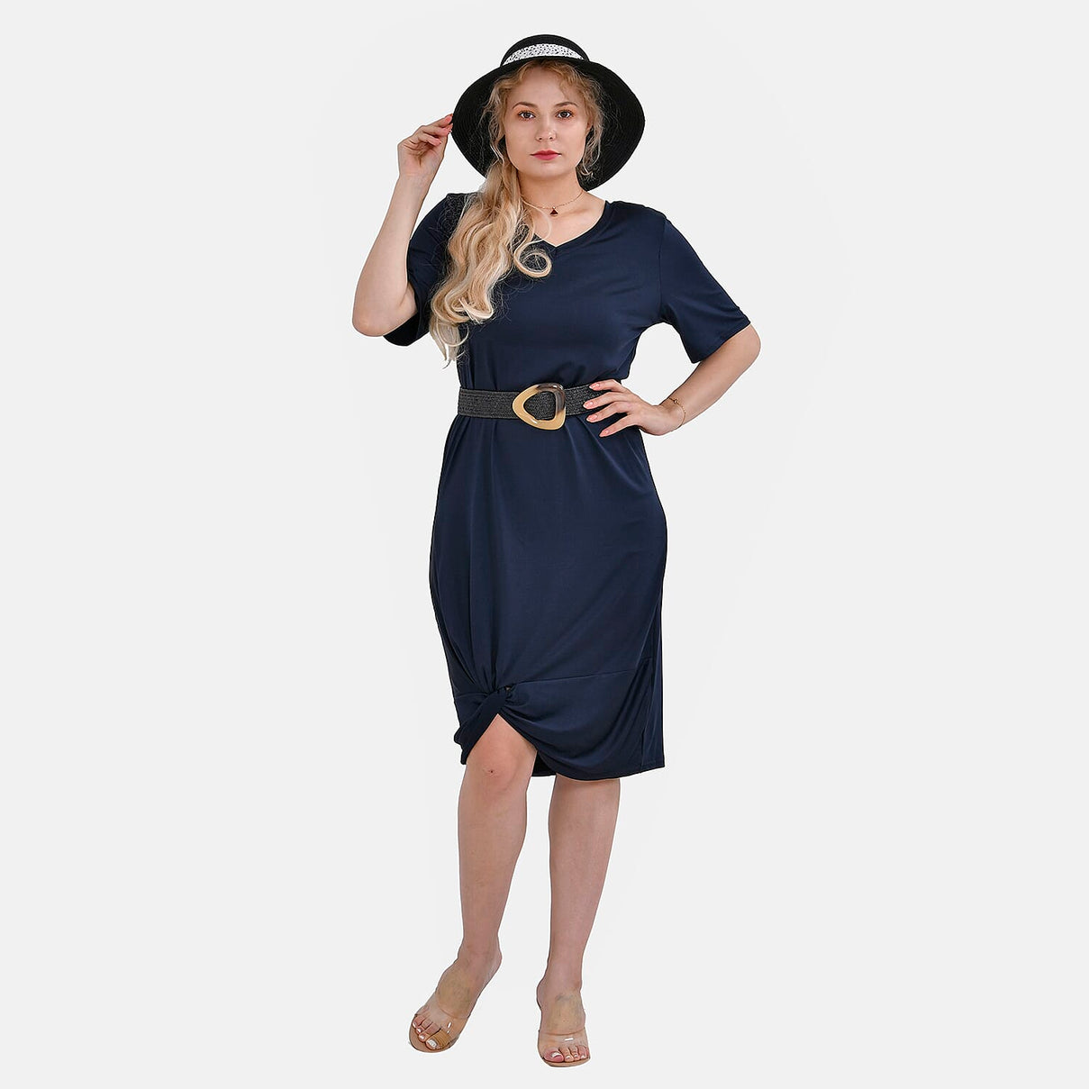 Set of 2 Paper Straw Patterned Hat (58cm) &amp; Elastic Belt (100x5cm) - Black 7749745 0