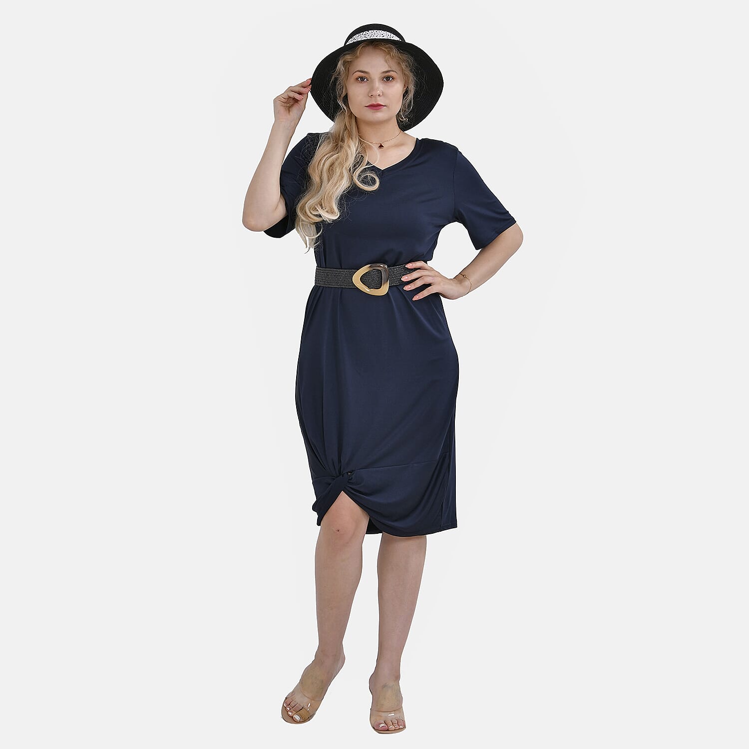 Set of 2 Paper Straw Patterned Hat (58cm) &amp; Elastic Belt (100x5cm) - Black 7749745 0