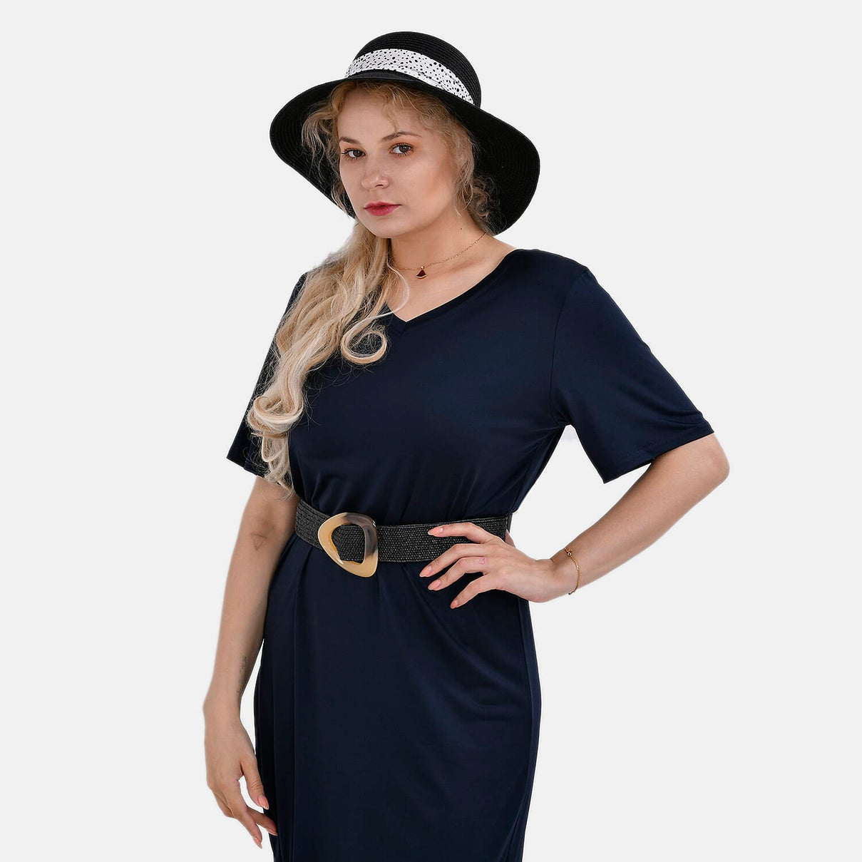Set of 2 Paper Straw Patterned Hat (58cm) &amp; Elastic Belt (100x5cm) - Black 7749745 2