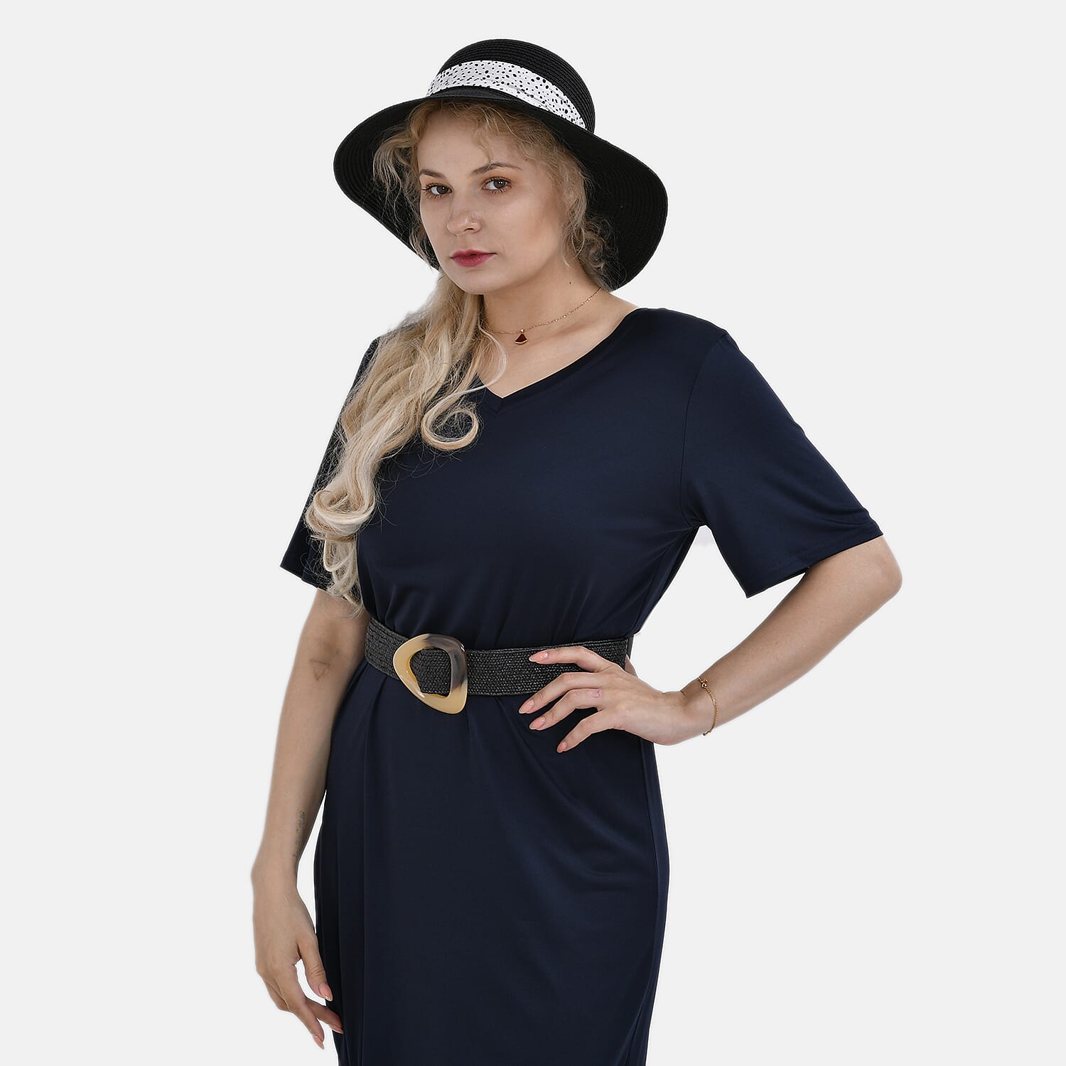 Set of 2 Paper Straw Patterned Hat (58cm) &amp; Elastic Belt (100x5cm) - Black 7749745 2