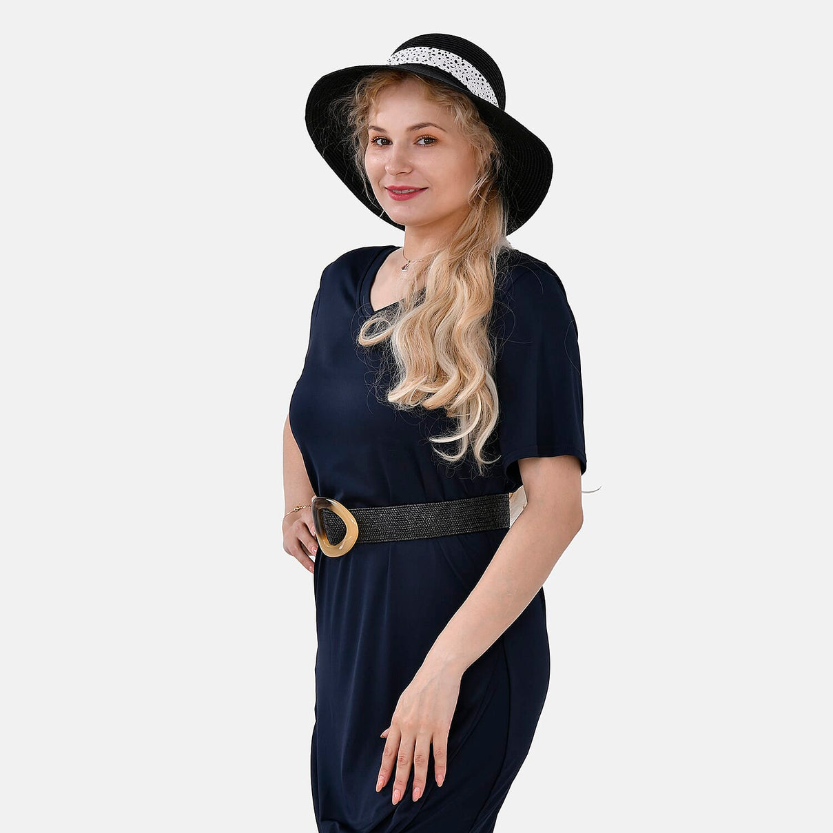 Set of 2 Paper Straw Patterned Hat (58cm) &amp; Elastic Belt (100x5cm) - Black 7749745 3