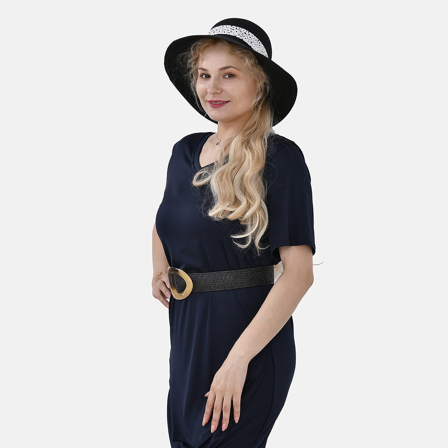 Set of 2 Paper Straw Patterned Hat (58cm) &amp; Elastic Belt (100x5cm) - Black 7749745 3