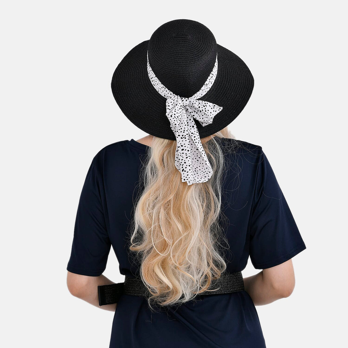 Set of 2 Paper Straw Patterned Hat (58cm) &amp; Elastic Belt (100x5cm) - Black 7749745 4