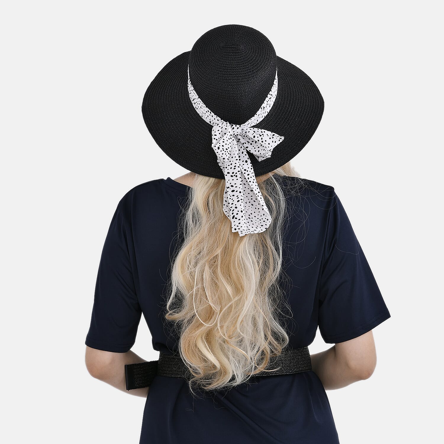 Set of 2 Paper Straw Patterned Hat (58cm) &amp; Elastic Belt (100x5cm) - Black 7749745 4