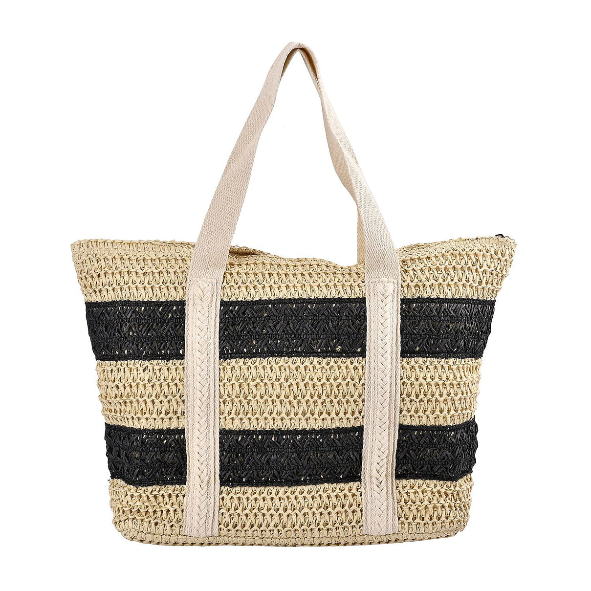 Straw Stripe Patterned Tote Bag - Black &amp; Beige 7303186 0