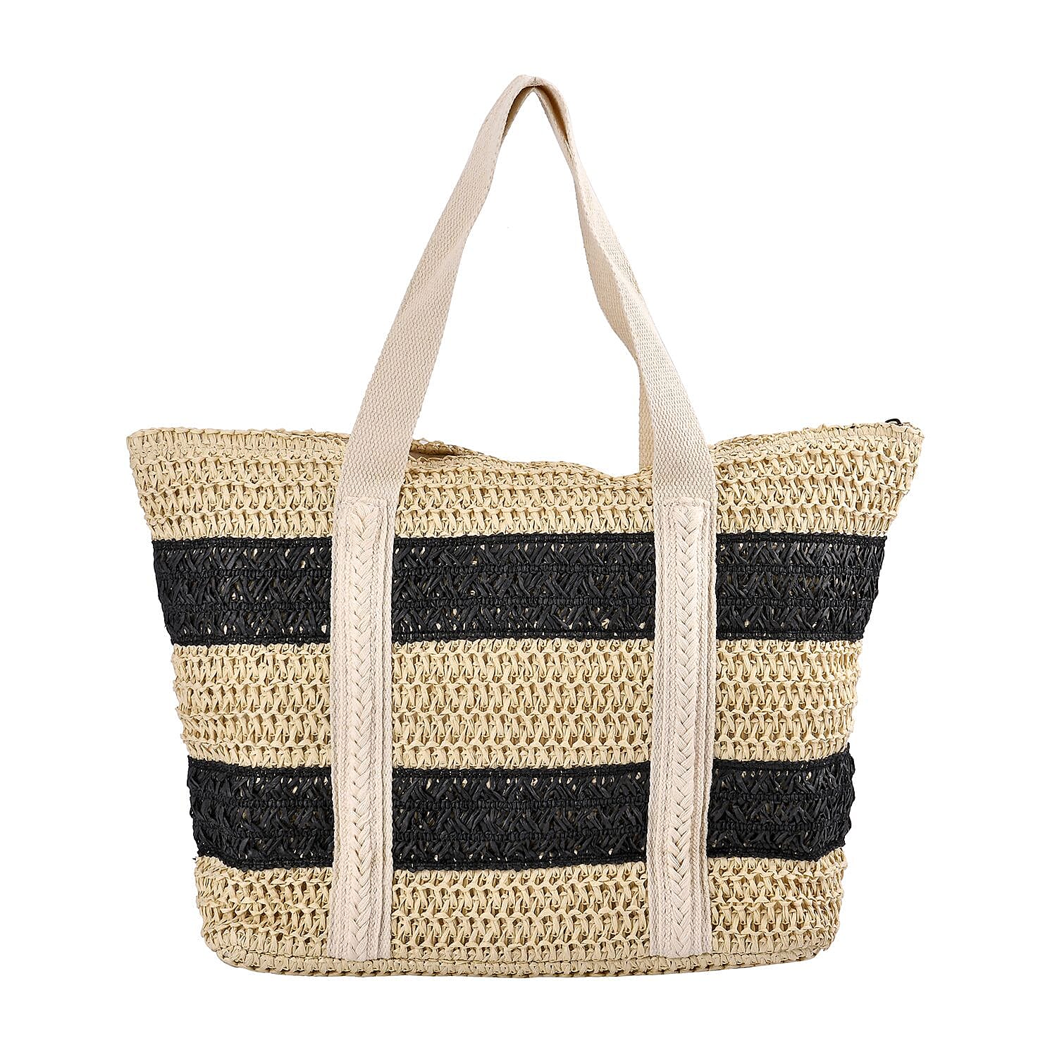 Straw Stripe Patterned Tote Bag - Black &amp; Beige 7303186 0