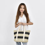 Straw Stripe Patterned Tote Bag - Black & Beige