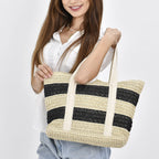 Straw Stripe Patterned Tote Bag - Black & Beige
