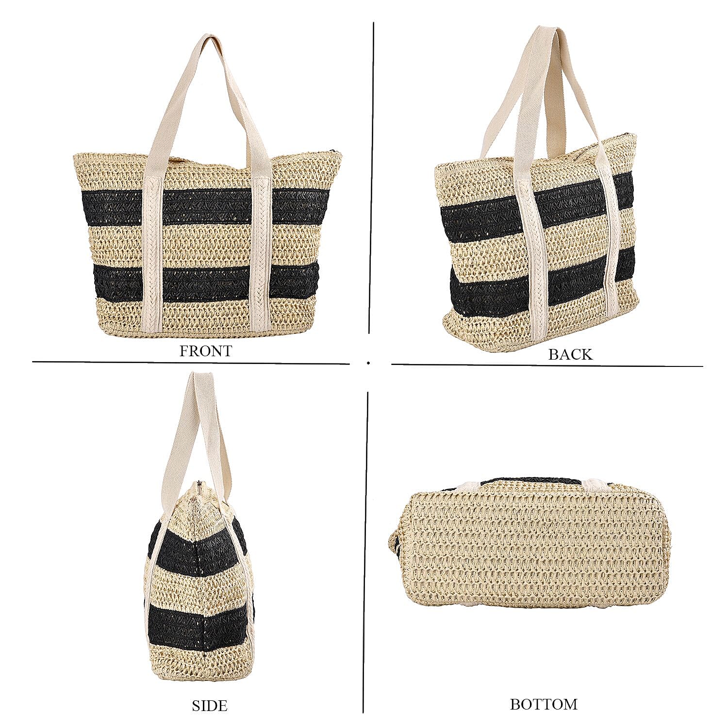 Straw Stripe Patterned Tote Bag - Black &amp; Beige 7303186 3