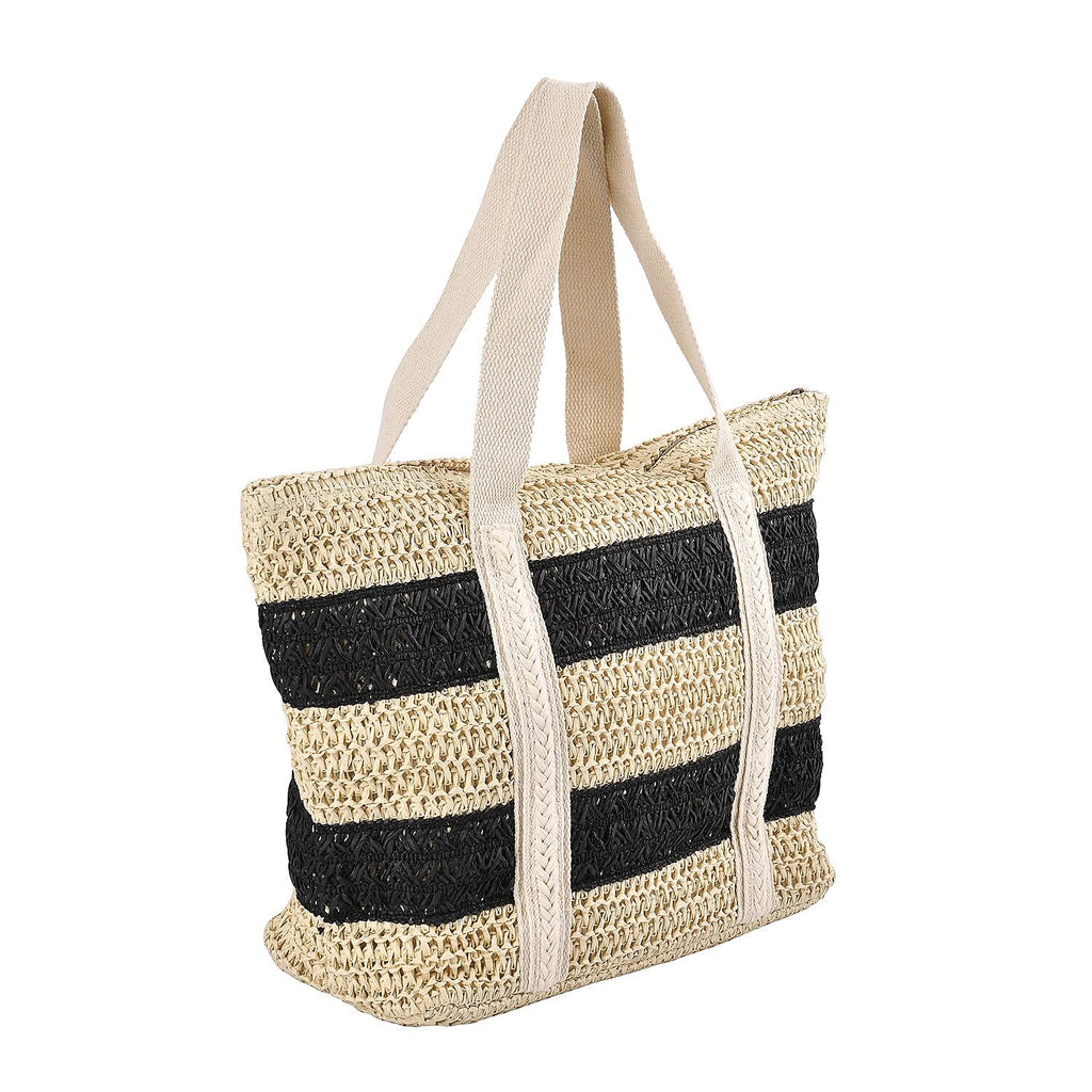 Straw Stripe Patterned Tote Bag - Black & Beige