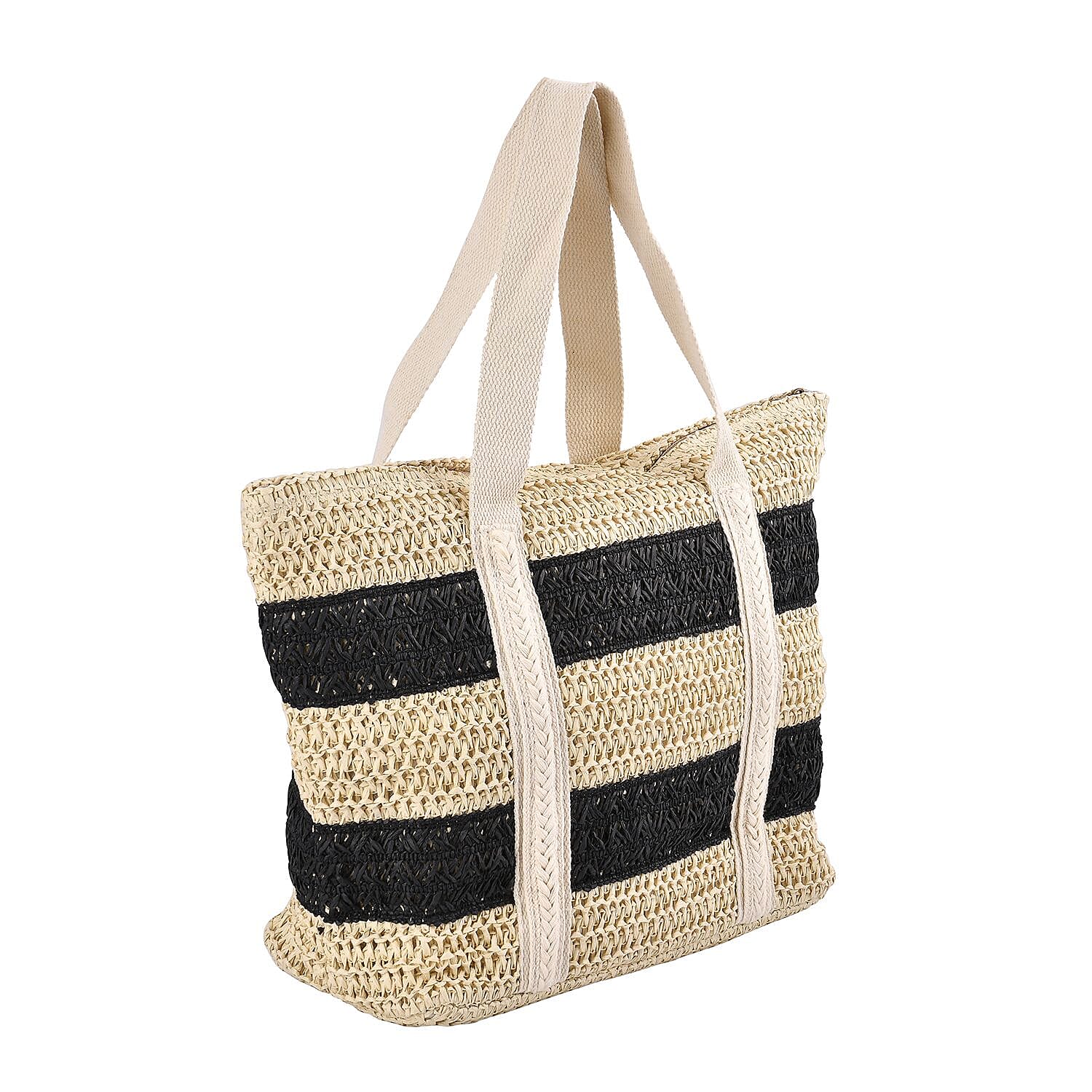 Straw Stripe Patterned Tote Bag - Black &amp; Beige 7303186 6
