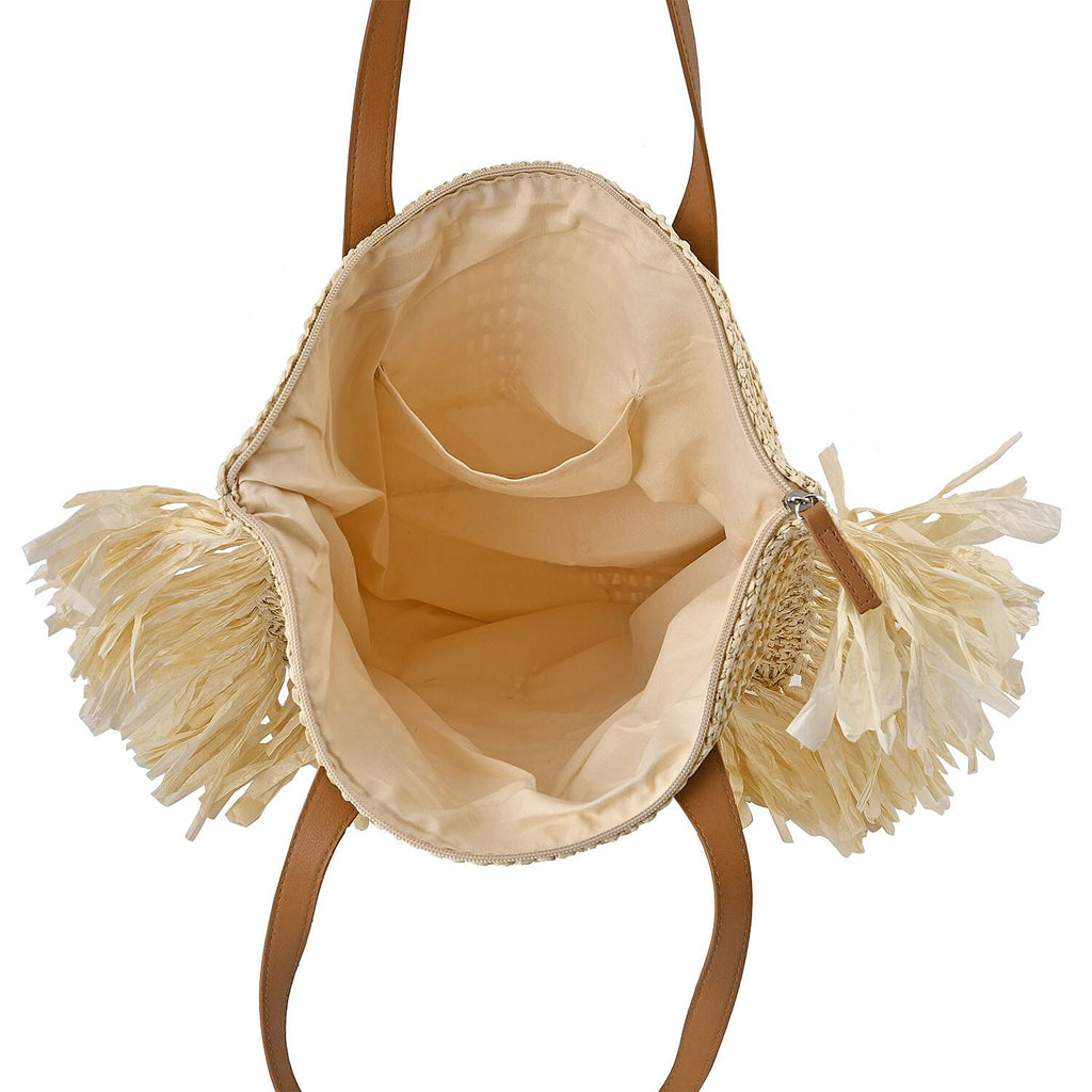 Straw Tote Bag with Tassel - Beige