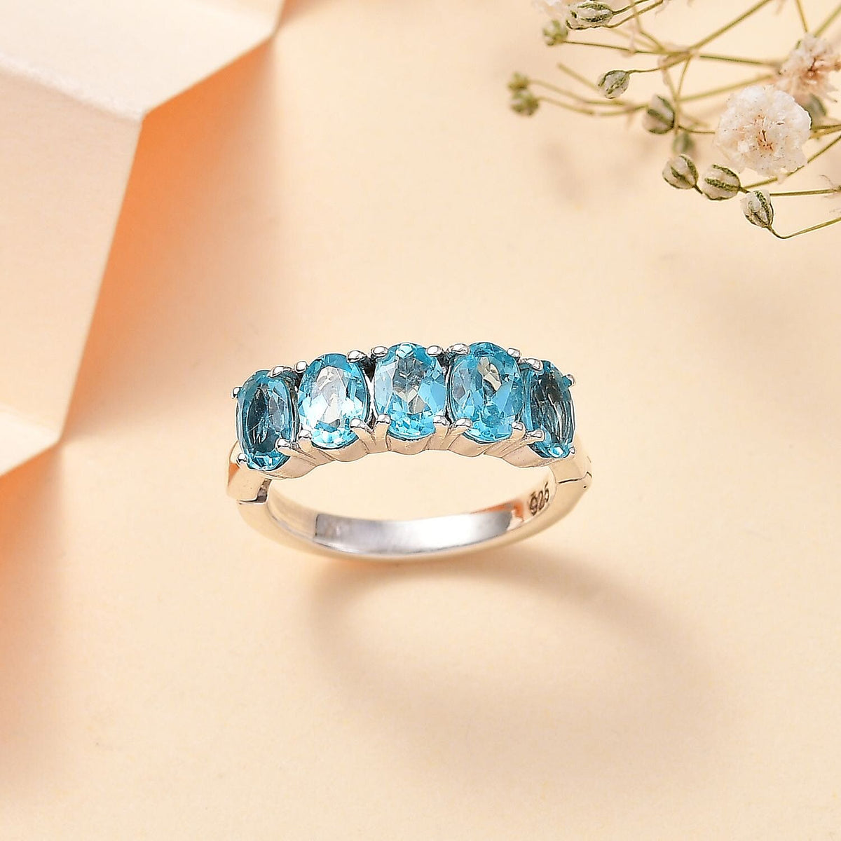 Paraiba Apatite  5 Stone Ring in Rhodium Overlay Sterling Silver, 2.250  Ct. 7797045 2