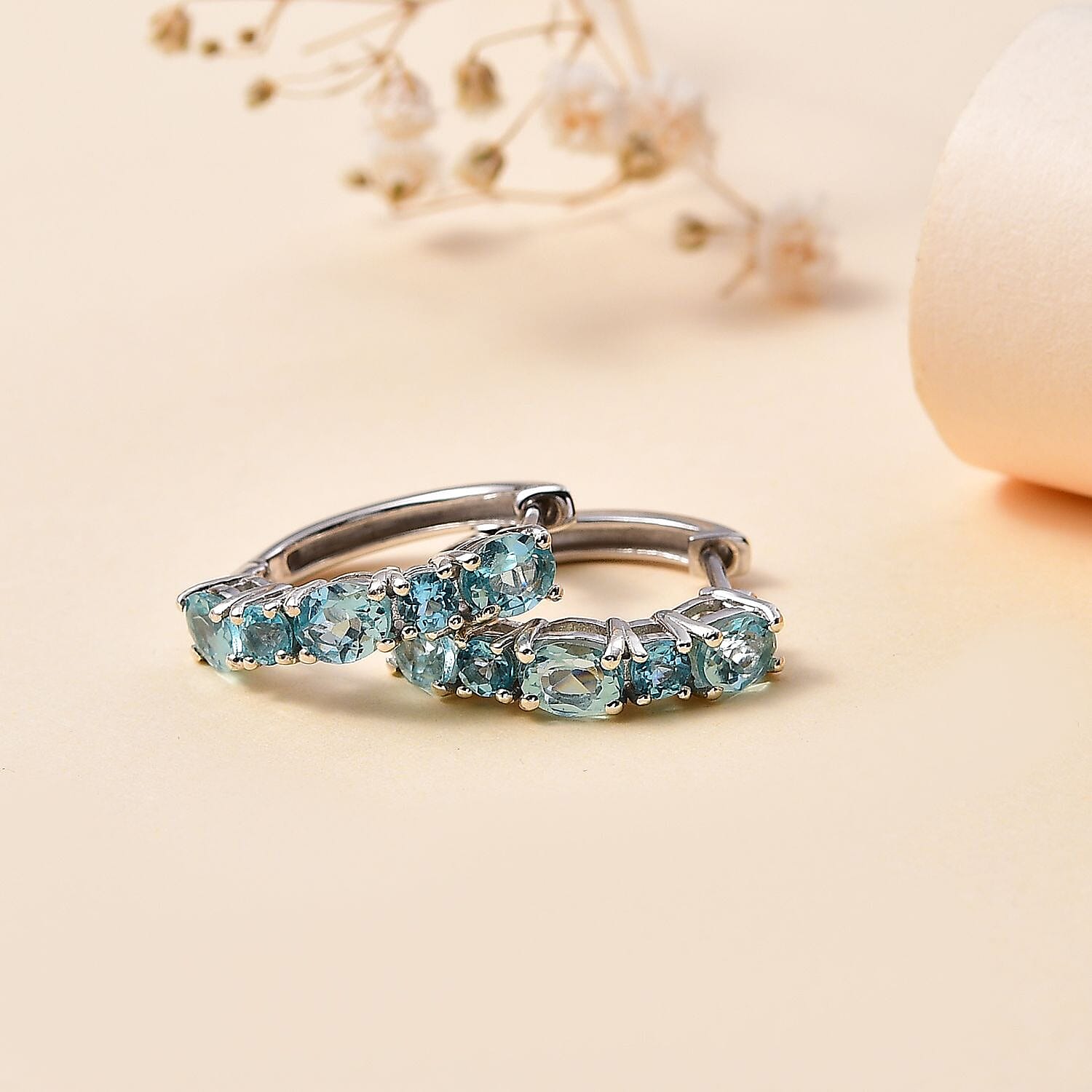 Paraiba Apatite Half Hoop Earring in Rhodium Overlay Sterling Silver  2.832  Ct. 7796784 2