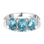 Rare Blue Lagoon Apatite & White Diamond Trilogy Ring in Rhodium Overlay Sterling Silver 2.33 ct