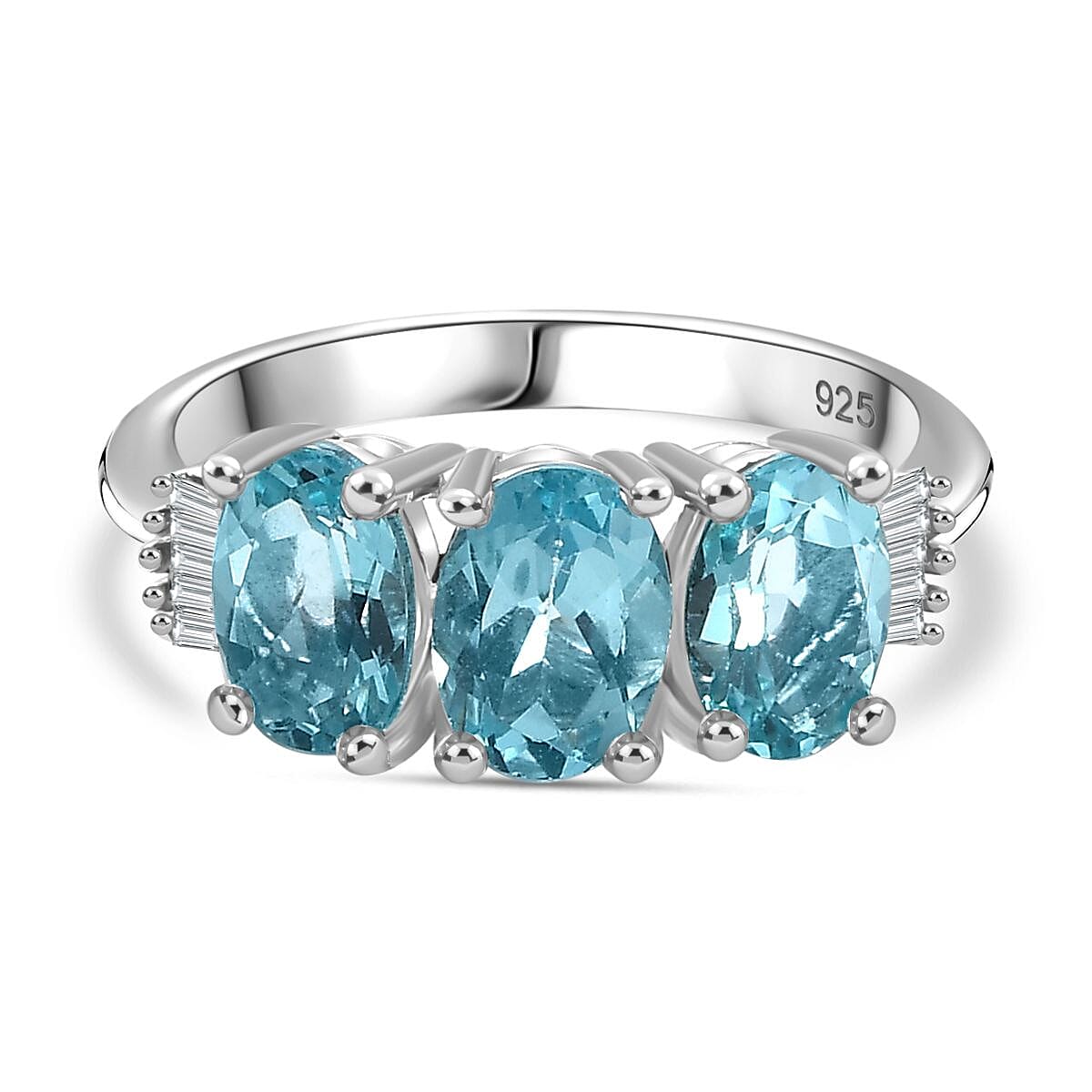 Rare Lagoon Apatite &amp; White Diamond Trilogy Ring in Rhodium Overlay Sterling Silver 2.33 ct 7797143 0