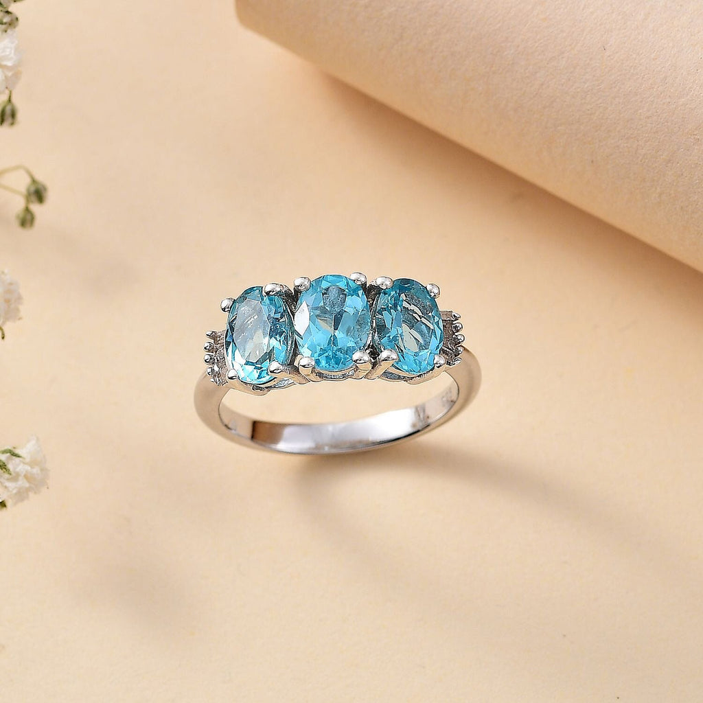 Rare Blue Lagoon Apatite & White Diamond Trilogy Ring in Rhodium Overlay Sterling Silver 2.33 ct