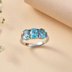 Rare Blue Lagoon Apatite & White Diamond Trilogy Ring in Rhodium Overlay Sterling Silver 2.33 ct