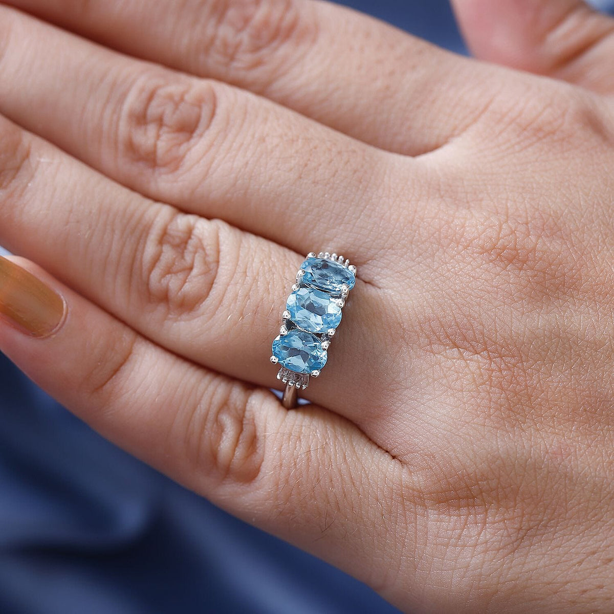 Rare Lagoon Apatite &amp; White Diamond Trilogy Ring in Rhodium Overlay Sterling Silver 2.33 ct 7797143 3