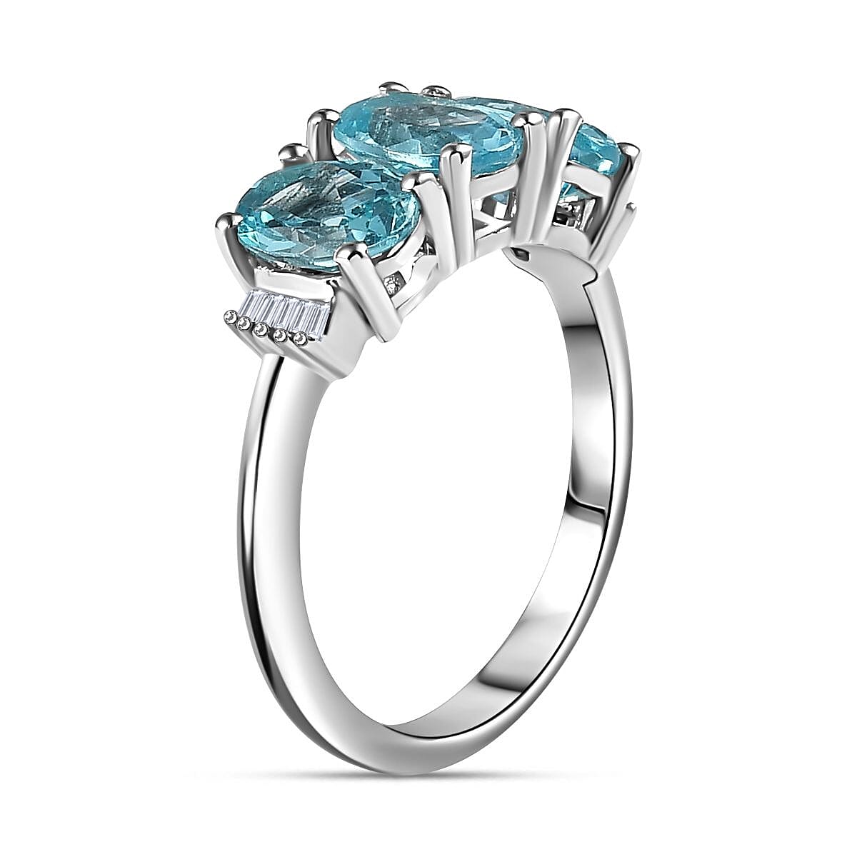 Rare Lagoon Apatite &amp; White Diamond Trilogy Ring in Rhodium Overlay Sterling Silver 2.33 ct 7797143 4