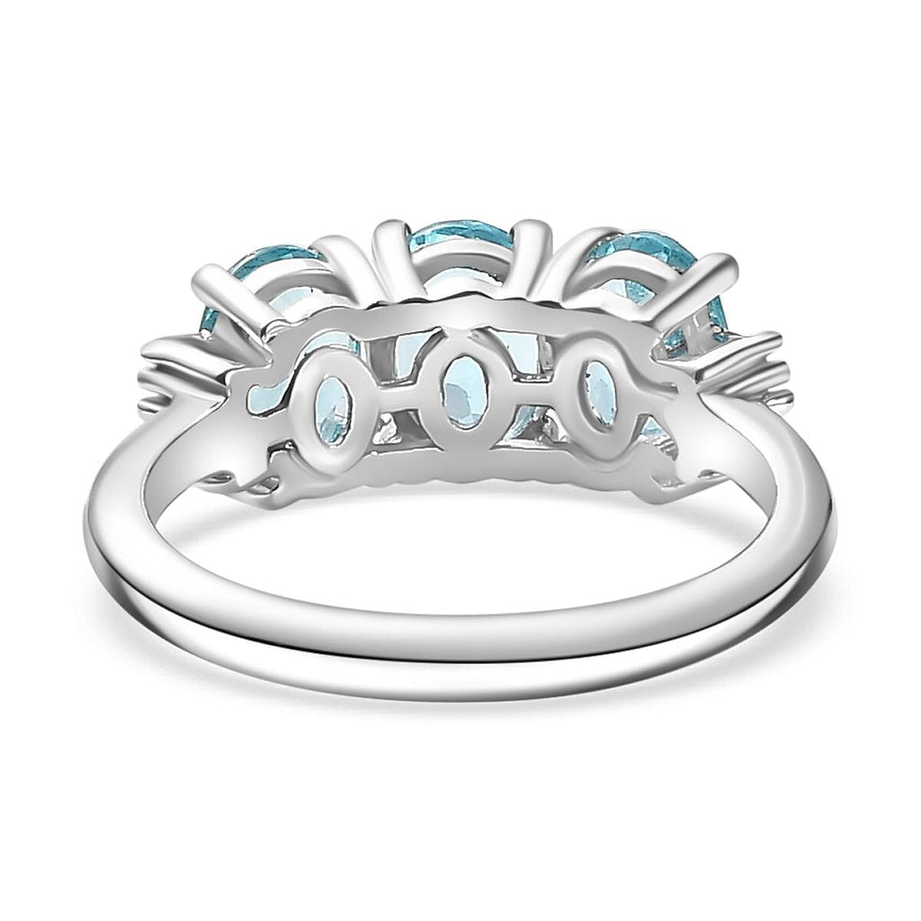 Rare Blue Lagoon Apatite & White Diamond Trilogy Ring in Rhodium Overlay Sterling Silver 2.33 ct
