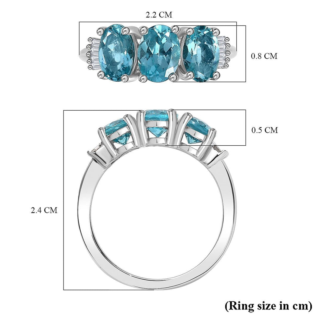 Rare Blue Lagoon Apatite & White Diamond Trilogy Ring in Rhodium Overlay Sterling Silver 2.33 ct