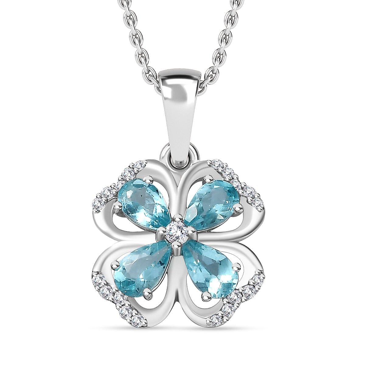 Blue Lagoon Apatite, White Zircon Four-Leaf Clover Pendant with Chain (Size 20) in Rhodium Overlay Sterling Silver 4278344 0