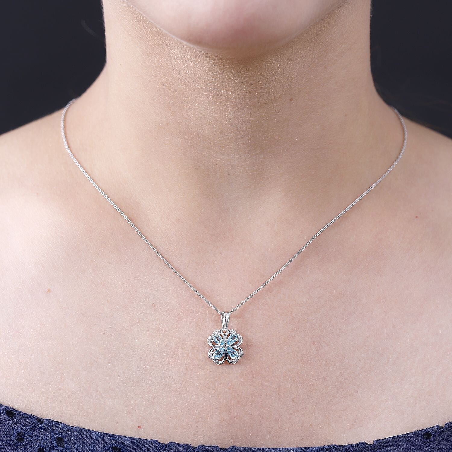 Blue Lagoon Apatite, White Zircon Four-Leaf Clover Pendant with Chain (Size 20) in Rhodium Overlay Sterling Silver 4278344 2