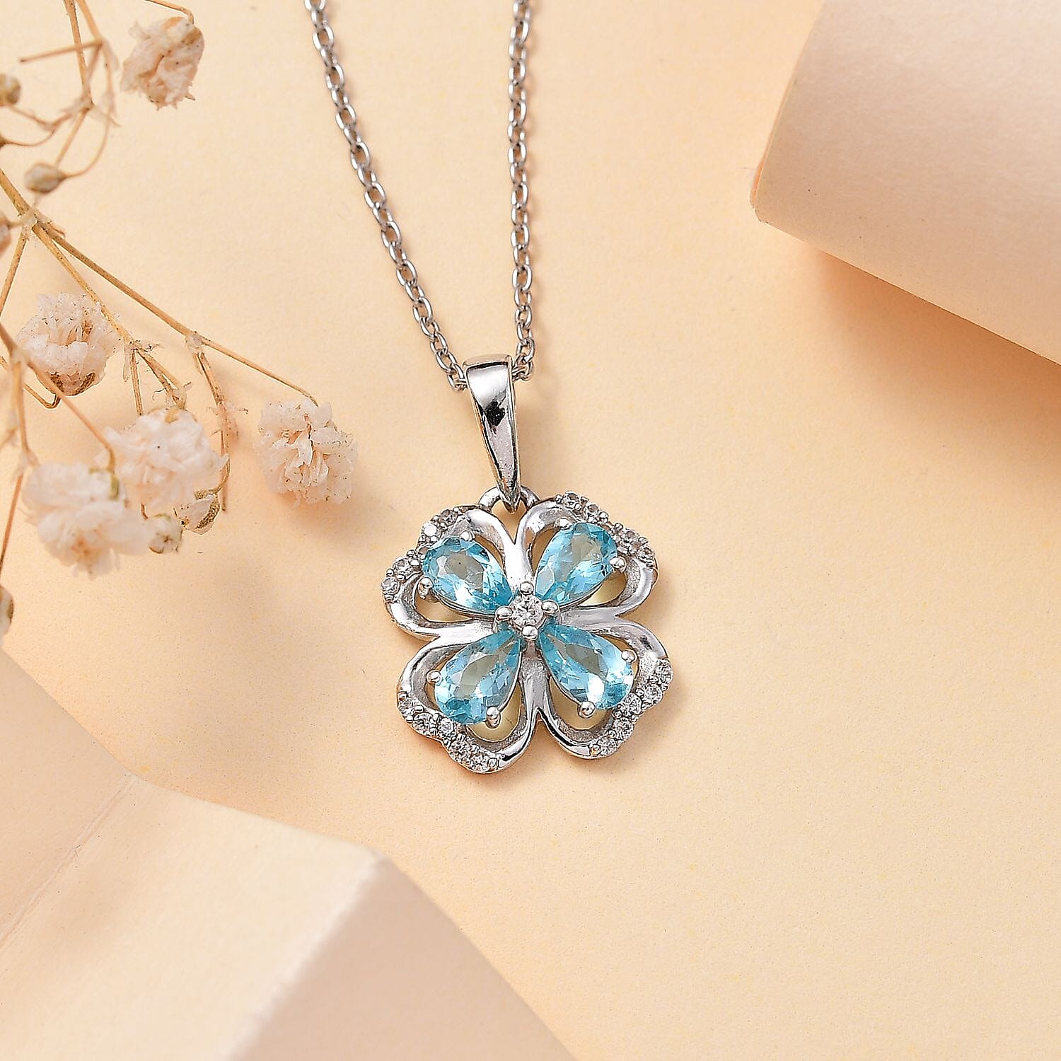 Blue Lagoon Apatite, White Zircon Four-Leaf Clover Pendant with Chain (Size 20) in Rhodium Overlay Sterling Silver 4278344 3
