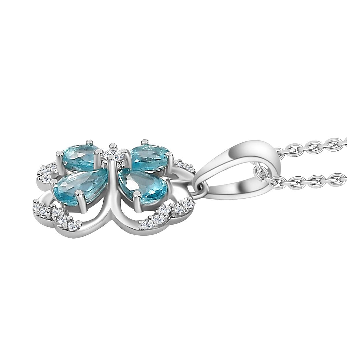 Blue Lagoon Apatite, White Zircon Four-Leaf Clover Pendant with Chain (Size 20) in Rhodium Overlay Sterling Silver 4278344 4