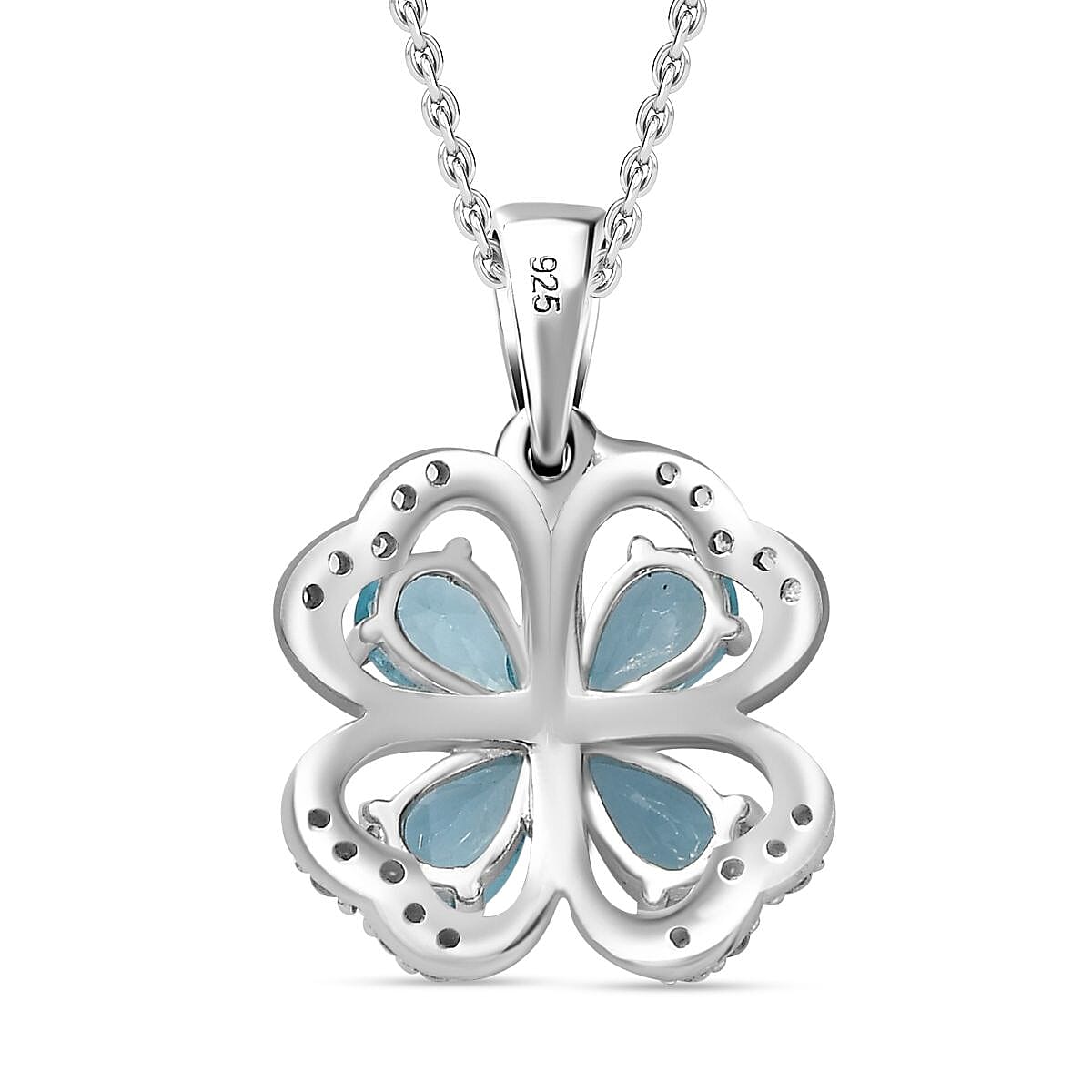Blue Lagoon Apatite, White Zircon Four-Leaf Clover Pendant with Chain (Size 20) in Rhodium Overlay Sterling Silver 4278344 5