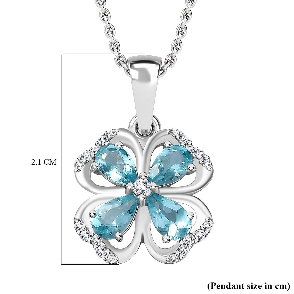 Blue Lagoon Apatite, White Zircon Four-Leaf Clover Pendant with Chain (Size 20) in Rhodium Overlay Sterling Silver 4278344 6