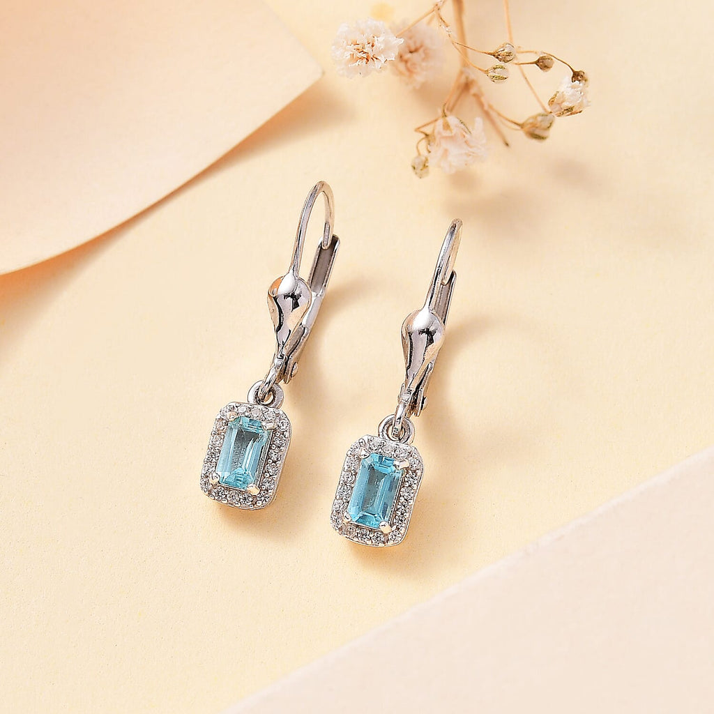 Blue Lagoon Apatite & Natural Zircon Stud Earrings With Lever Back in Rhodium Overlay Sterling Silver