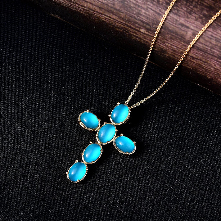 D'Joy Paraiba Moonstone Cross Pendant with Chain (Size 20) in Yellow Gold Plated Sterling Silver 5.05 Ct. 4436660 2