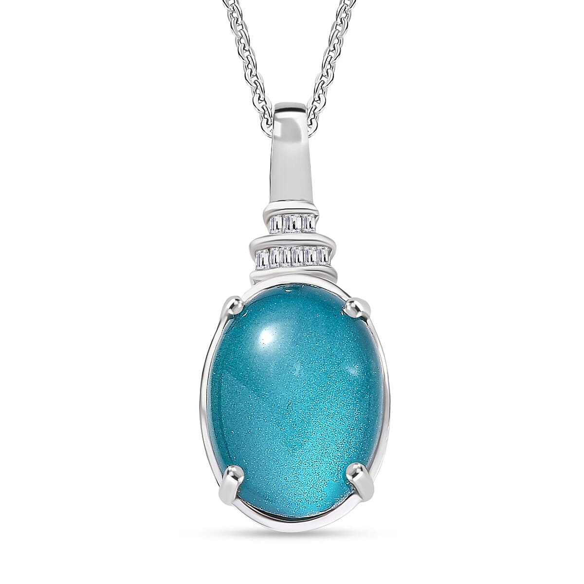 D'Joy Paraiba Moonstone &amp; Natural Diamond Pendant with Chain (Size 20) in Rhodium Overlay Sterling Silver 5.89 Ct. 4436714 0