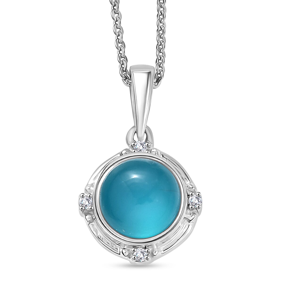 D'Joy Paraiba Moonstone &amp; White Zircon Pendant with Chain (Size 20) in Platinum Overlay Sterling Silver 1.68 Ct. 4436680 0