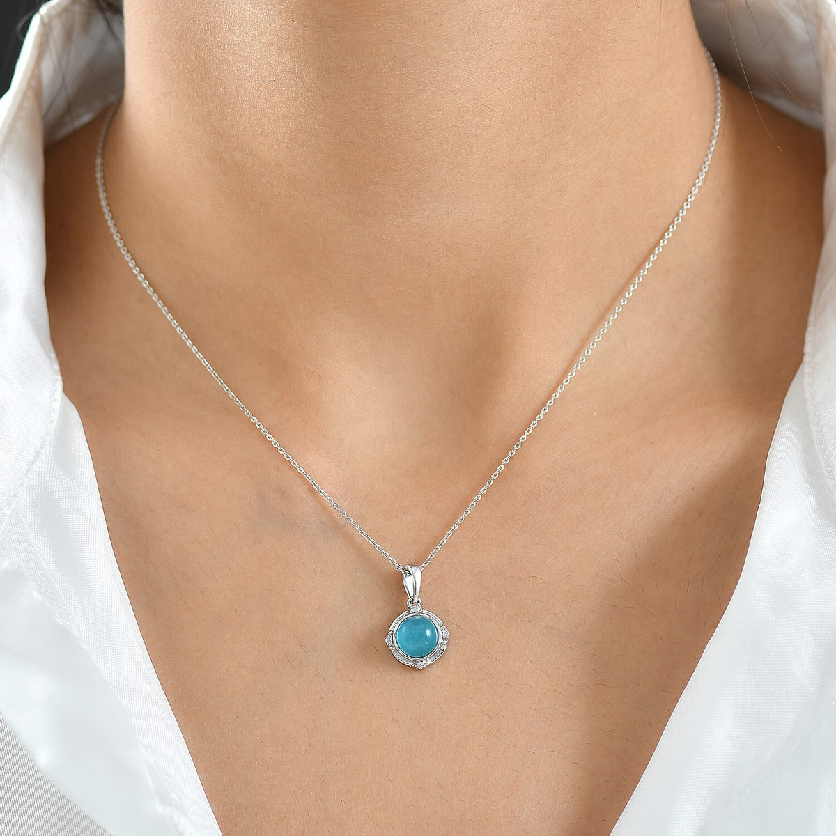 D'Joy Paraiba Moonstone &amp; White Zircon Pendant with Chain (Size 20) in Platinum Overlay Sterling Silver 1.68 Ct. 4436680 3