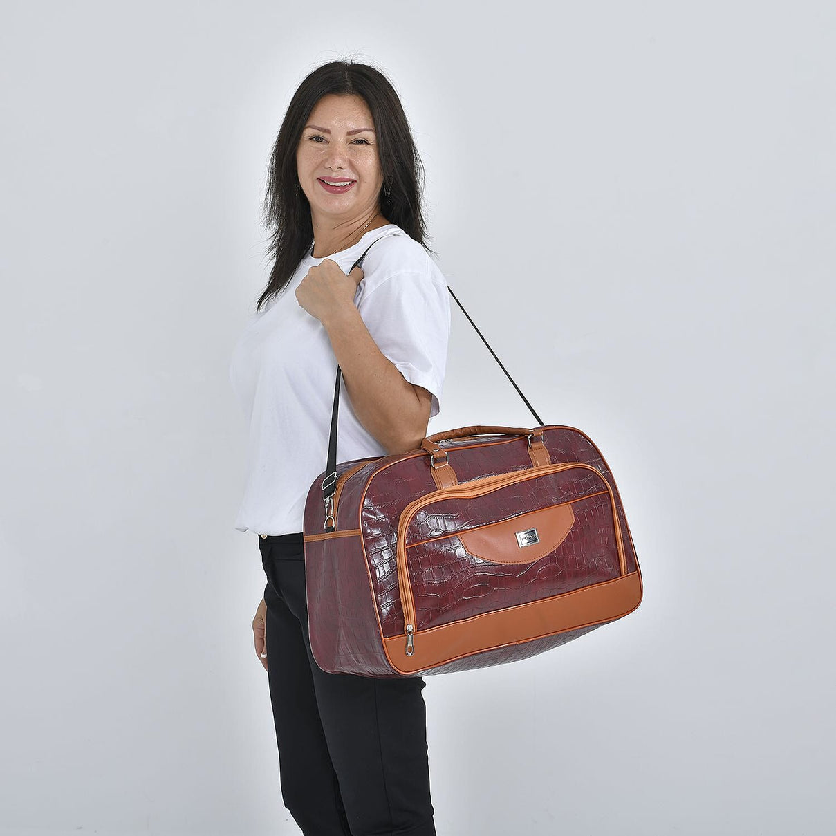 Passage Croc Pattern Travel Bag (Size 55x21x34 Cm) - Burgundy &amp; Brown 7063272 2