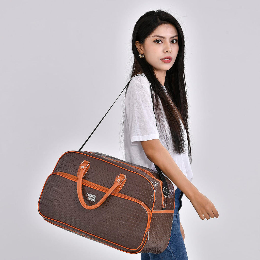 Passage Leatherette Woven Pattern Travel Croosbody Bag with Handle Drop - Coffee