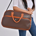 Passage Leatherette Woven Pattern Travel Croosbody Bag with Handle Drop - Coffee