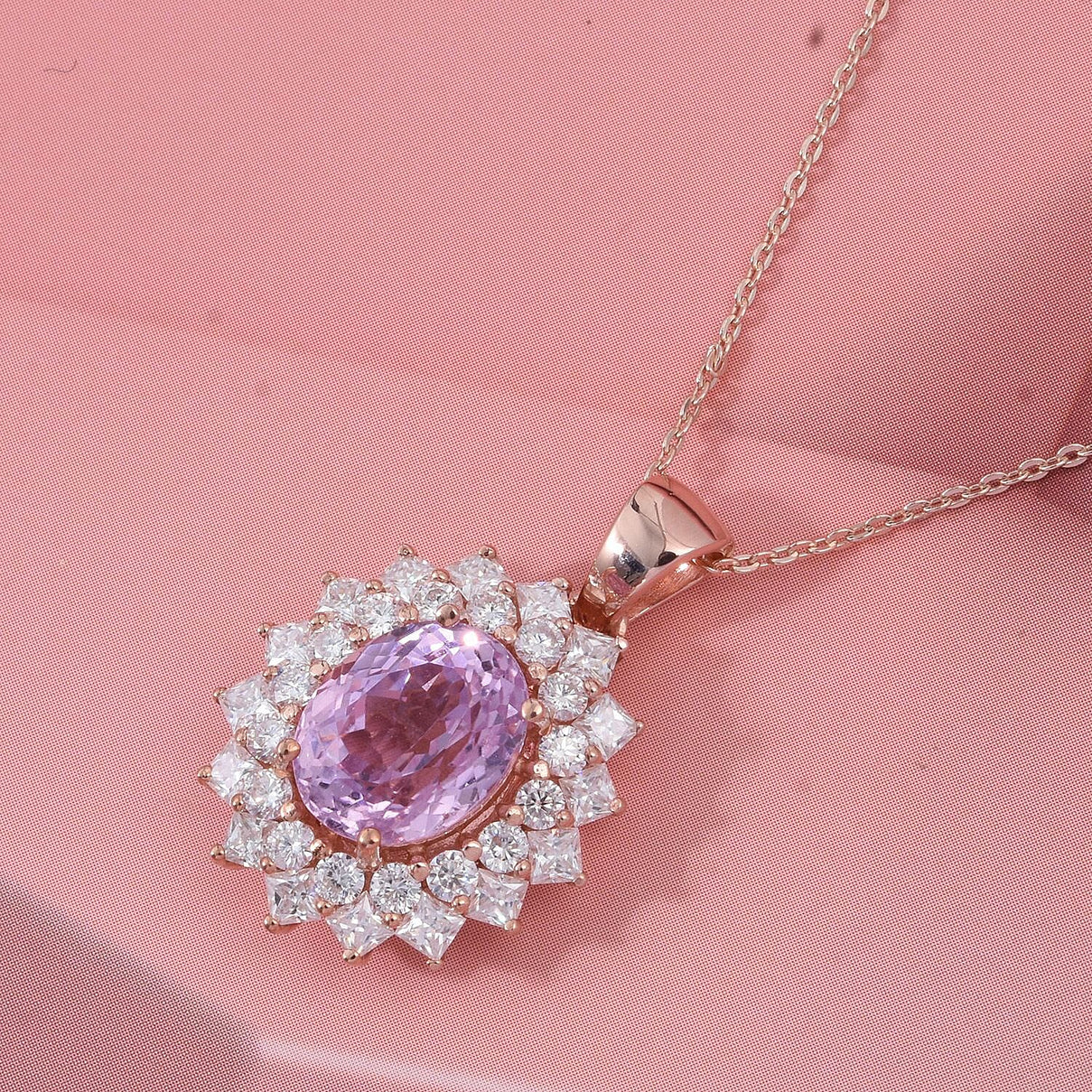 Patroke Kunzite &amp; Moissanite Pendant with Chain (Size 20) in 18K Vermeil Rose Gold Plated Sterling Silver 4.80 Ct. V32516213 2