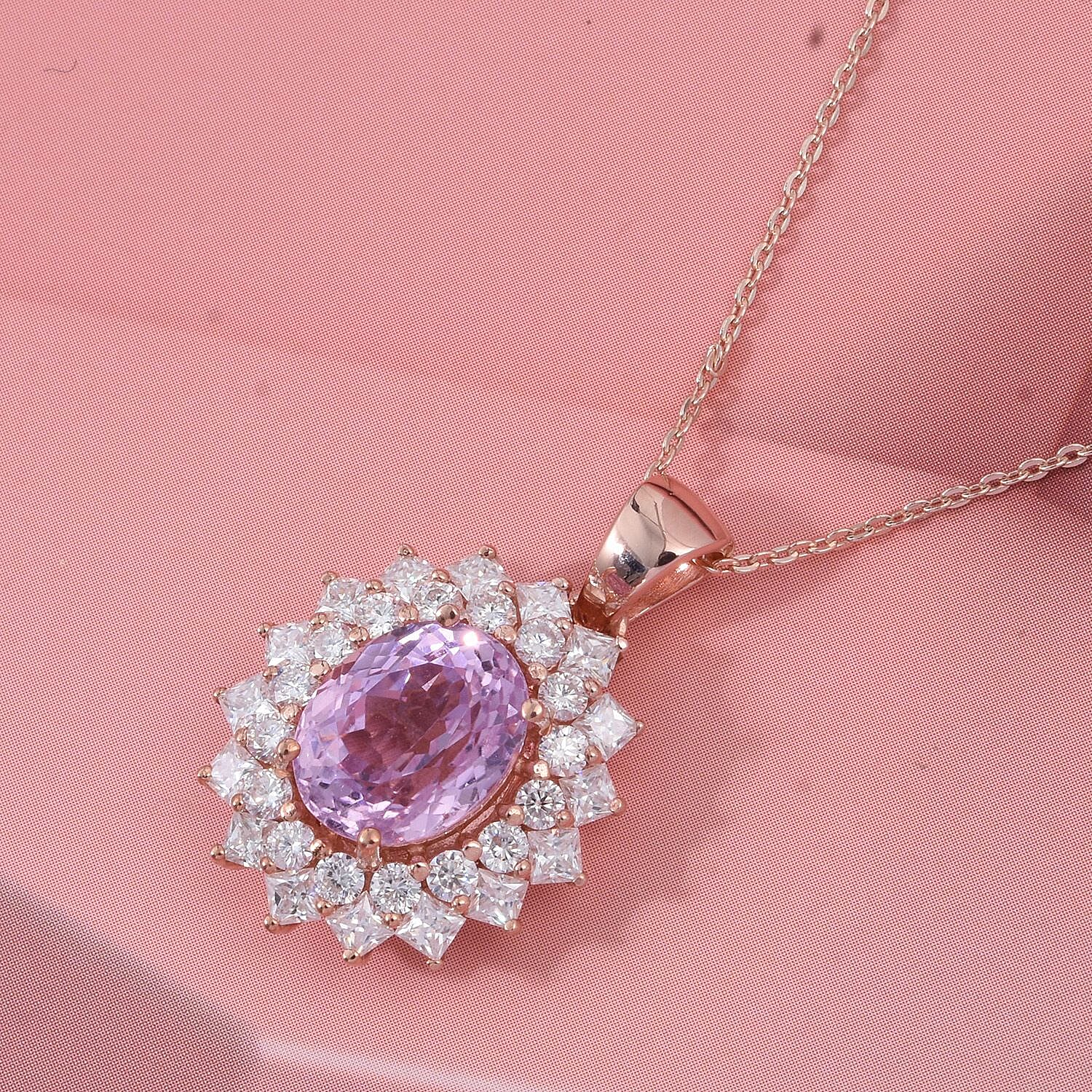 Patroke Kunzite &amp; Moissanite Pendant with Chain (Size 20) in 18K Vermeil Rose Gold Plated Sterling Silver 4.80 Ct. V32516213 2