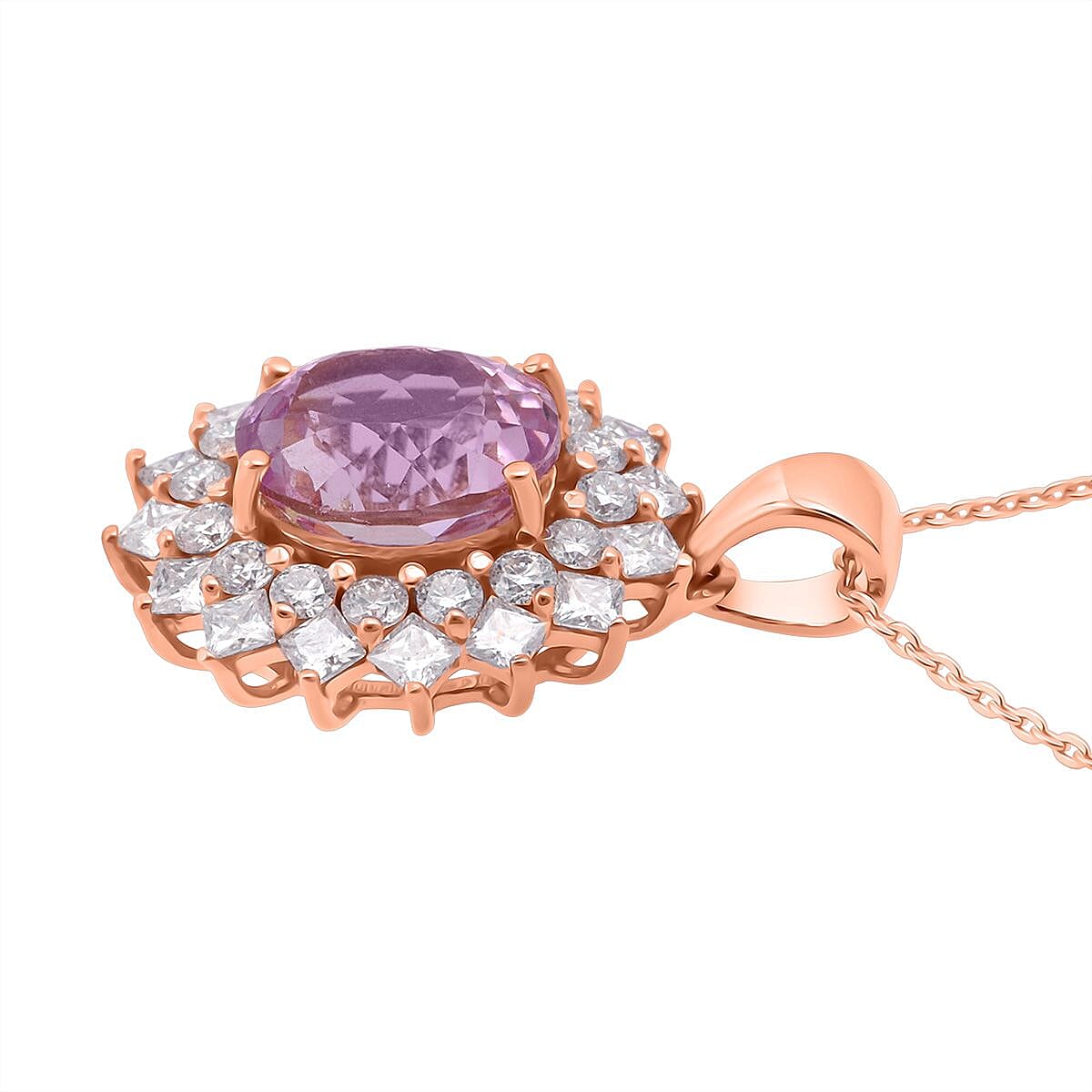 Patroke Kunzite &amp; Moissanite Pendant with Chain (Size 20) in 18K Vermeil Rose Gold Plated Sterling Silver 4.80 Ct. V32516213 4