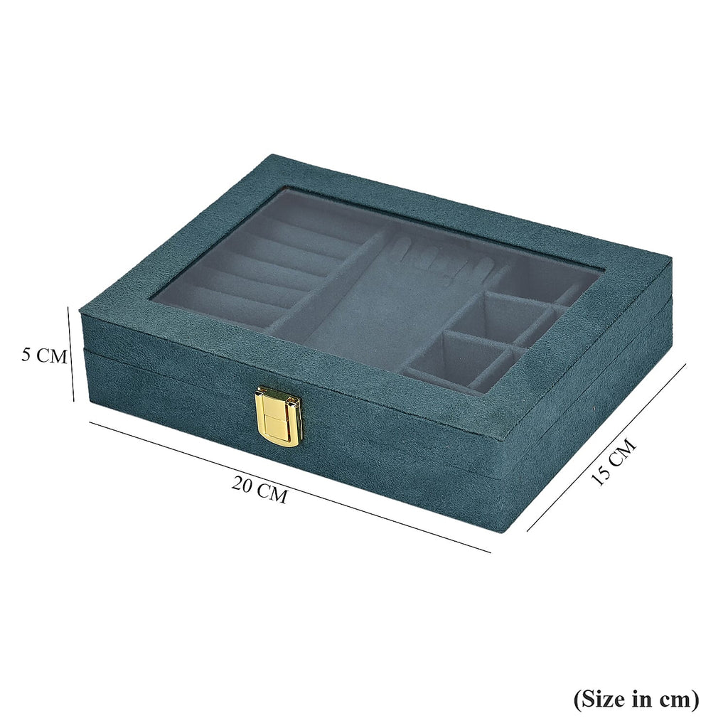 Velvet Solid Colour Jewellery Box with Transparent Window (Size 20x15x5 cm) - Dark Aquamarine