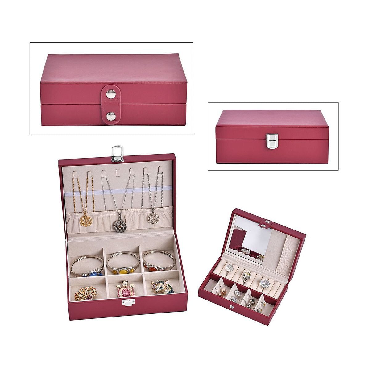 Set of 2 - Multi Purpose Two Tier Jewellery Box with Metal Lock (Size 23x17x8cm, 16x10x5cm) - Burgundy 7564615 0