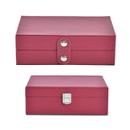 Set of 2 - Multi Purpose Two Tier Jewellery Box with Metal Lock (Size 23x17x8cm, 16x10x5cm) - Burgundy