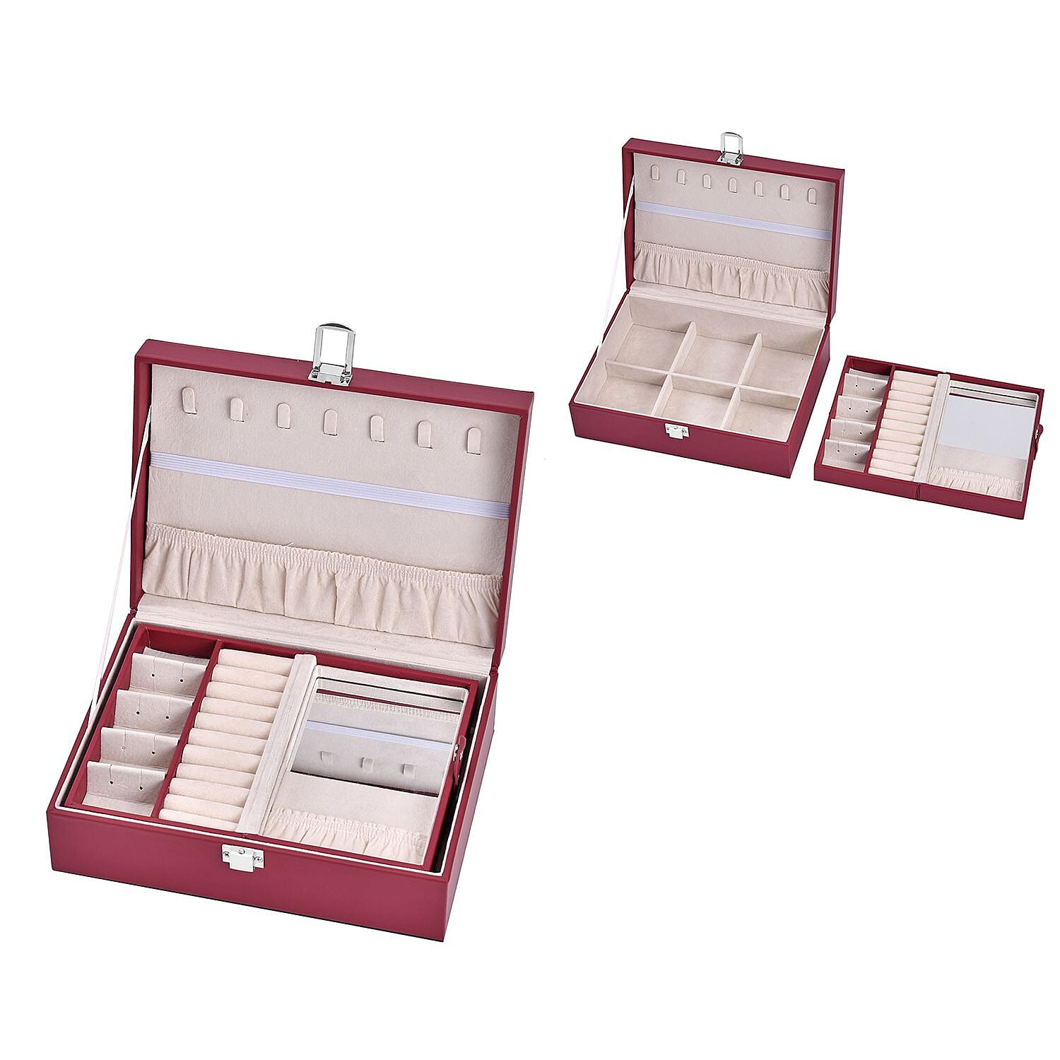 Set of 2 - Multi Purpose Two Tier Jewellery Box with Metal Lock (Size 23x17x8cm, 16x10x5cm) - Burgundy 7564615 5